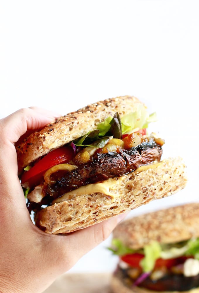Portobello mushroom burger with caramelized onions and dairy-free cheese on a gluten-free bun | Nutrition in the Kitch-4