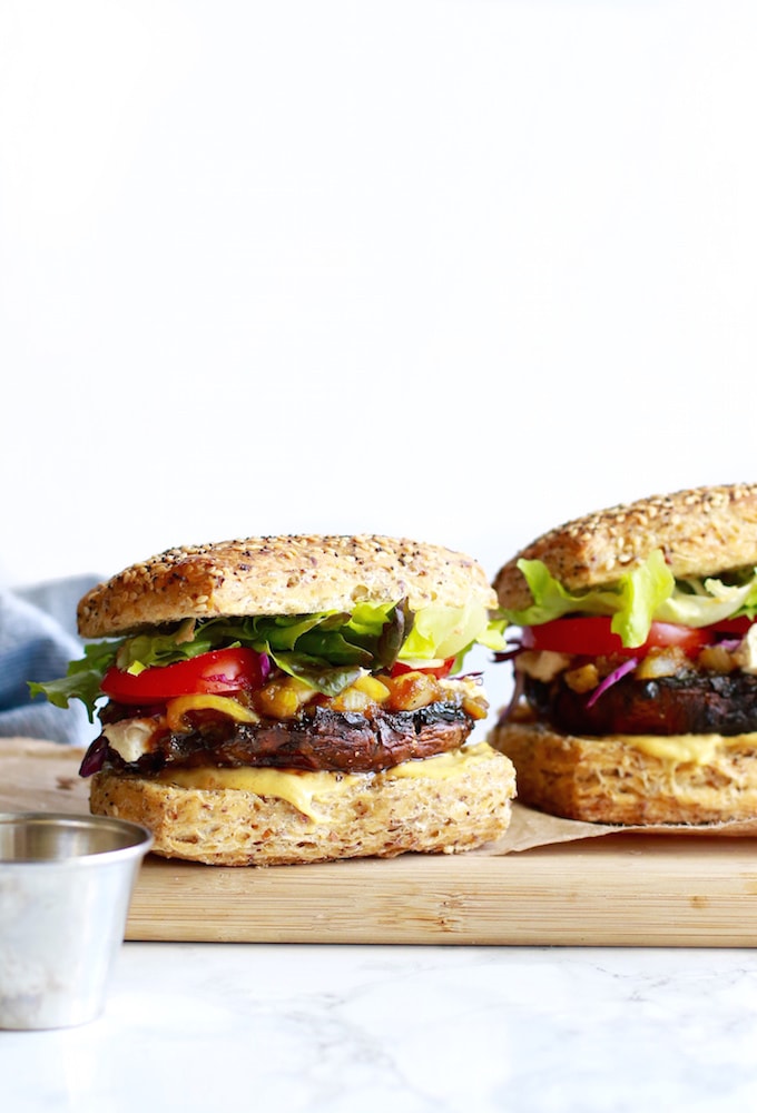 Portobello mushroom burger with caramelized onions and dairy-free cheese on a gluten-free bun | Nutrition in the Kitch-1
