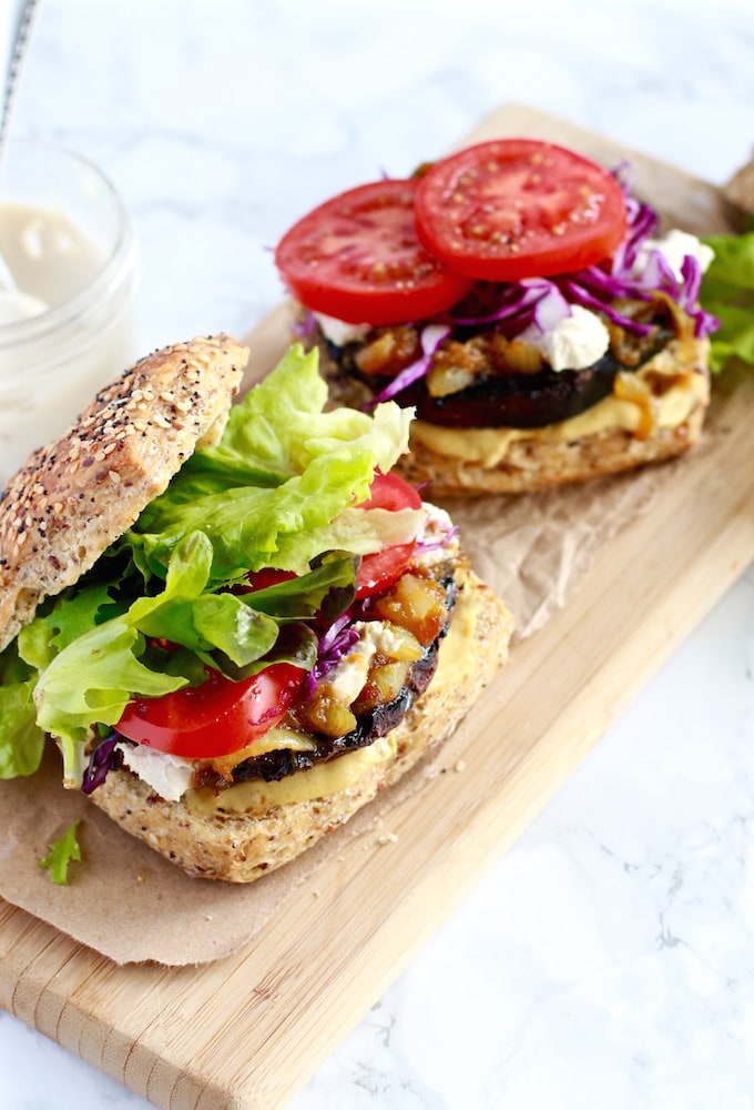 Portobello mushroom burger with caramelized onions and dairy-free cheese on a gluten-free bun | Nutrition in the Kitch-2