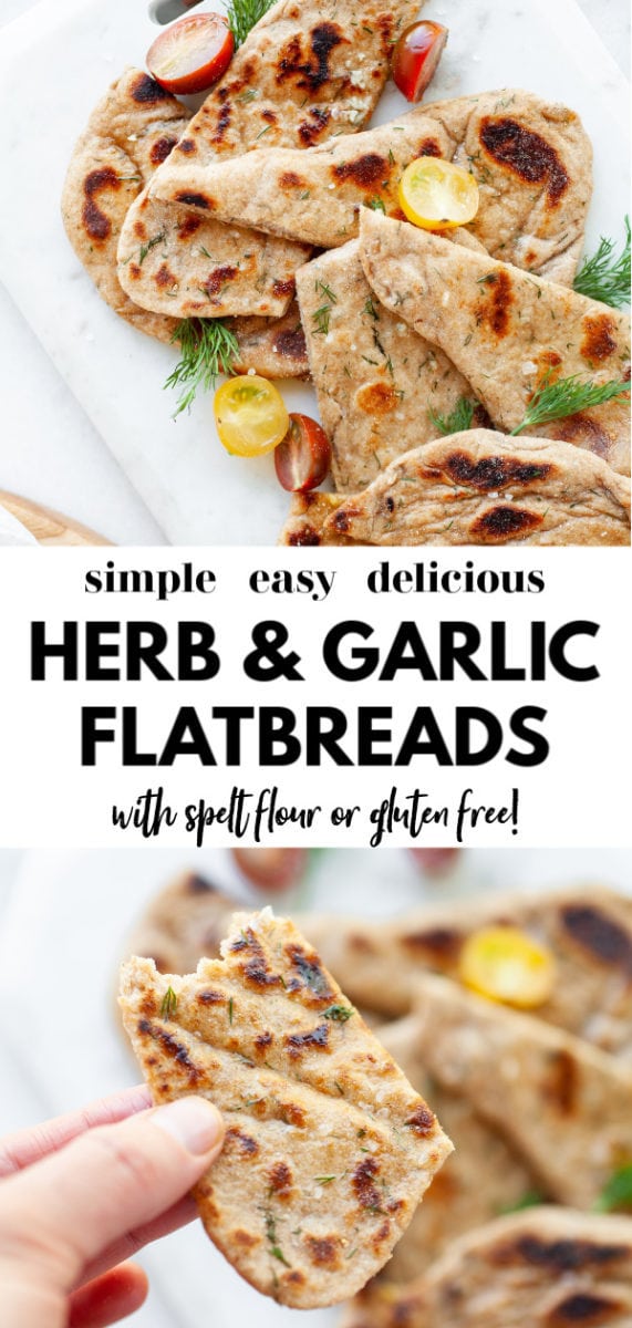 One of the best easy and simple recipes for herb and garlic flatbread (or naan) you’ll ever try that’s homemade! Made with spelt flour (or amaranth for a gluten free version), fresh herbs, garlic, and yogurt, it can b easily made vegan, and is perfect for making pizza, sandwiches, or dipping into a warm stew, chili, or butter chicken!