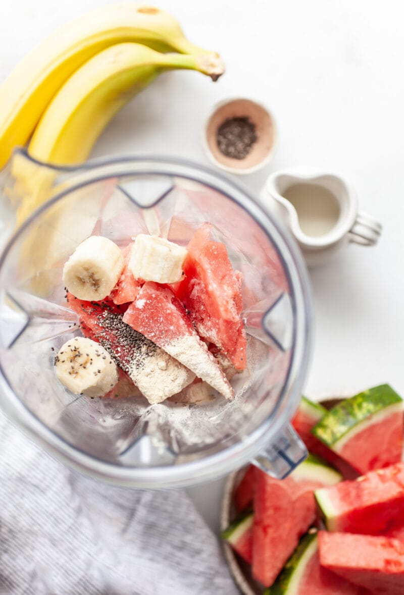 ingredients for watermelon banana smoothie in a blender