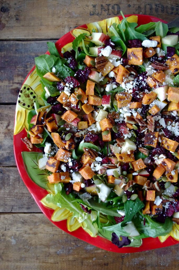 Autumn Chop Salad with Roasted Beets + Sweet Potato and Apple Dijon Dressing (gluten free & easily vegan!) via Nutritionist in the Kitch