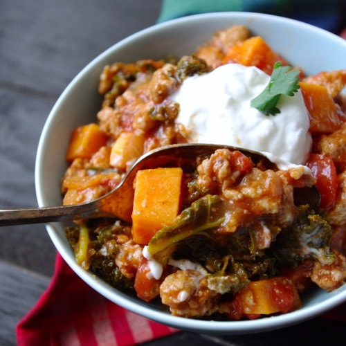 (No-Bean) Sweet Potato, Kale & Turkey Chili (gluten free & a VEGAN swap!) via Nutritionist in the Kitch 