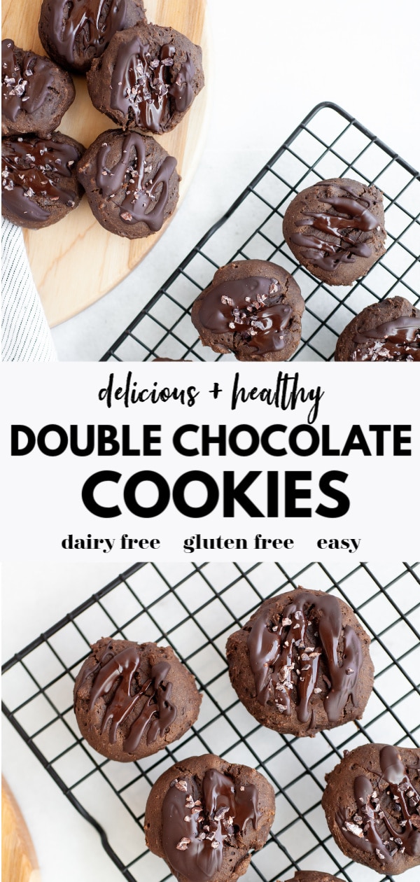This easy and tasty recipe for healthy double chocolate cookies is super simple, dairy free, and has a gluten free option. Made with whole grains, cocoa powder, dark chocolate, and raw honey, they are a perfect sweet snack that’s soft, pillowy, chewy and low calorie. 