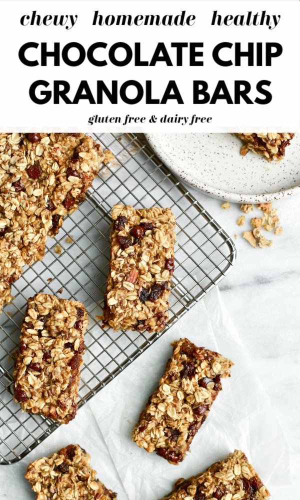 Try these healthy homemade chocolate chip granola bars made with no sugar that’s refined and gluten free dairy free ingredients. These are also nut free and perfect for clean eating and for kids and adults alike. Easy, delicious, and great for healthy snacking!