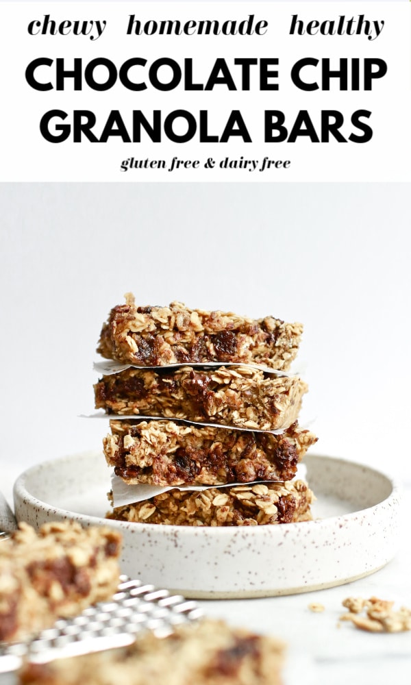 Try these healthy homemade chocolate chip granola bars made with no sugar that’s refined and gluten free dairy free ingredients. These are also nut free and perfect for clean eating and for kids and adults alike. Easy, delicious, and great for healthy snacking!