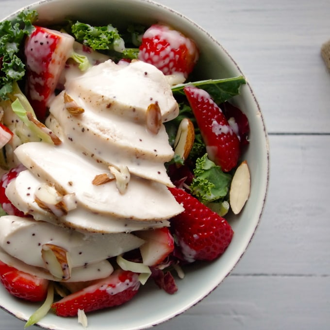 Strawberry & Kale Slaw Chicken Salad w/ Poppyseed Dressing (GF!) via Nutritionist in the Kitch 