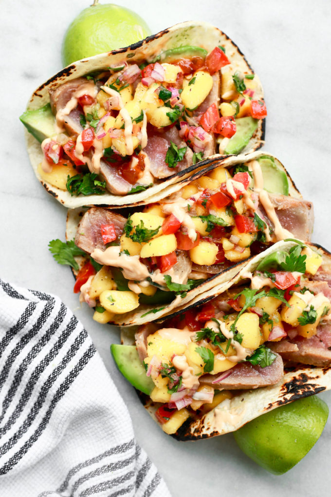 Healthy Ahi Fish Tacos with Fresh Mango Salsa