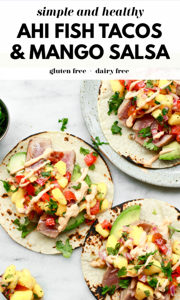 Try this healthy and easy fish tacos recipe with seared ahi tuna, fresh homemade mango salsa and a simple spicy mayo sauce to drizzle on white corn tortillas! Quick, easy, gluten free, dairy free, and perfect for lunch or dinner any night of the week!