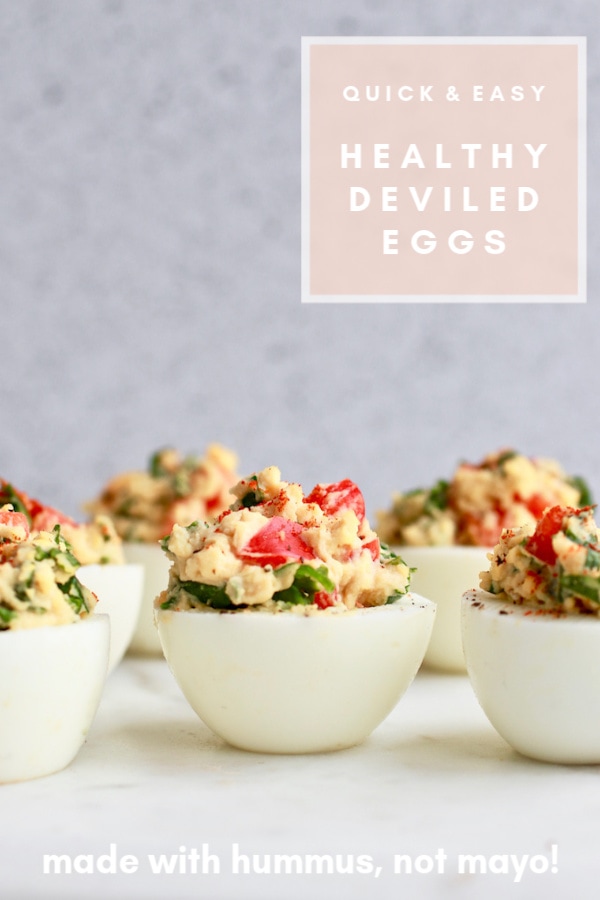 This healthy deviled eggs recipe is a perfect clean eating snack idea made healthier as hard-boiled eggs are filled with hummus (no mayo!) and added veggies! These tasty snacks are easy and quick to make and dairy free and gluten free too!