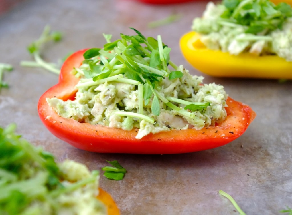Avo-Chicken Salad Bell Pepper Boats via Nutritionist in the Kitch