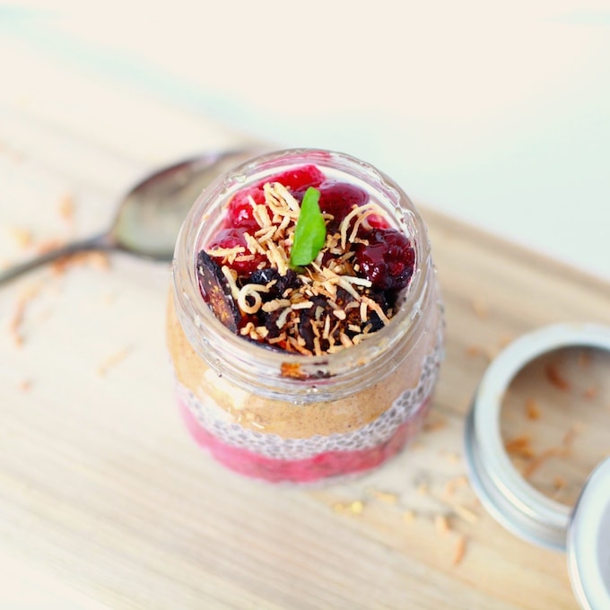 Layered Chia Pudding with Strawberry Fig Compote via Nutritionist in the Kitch