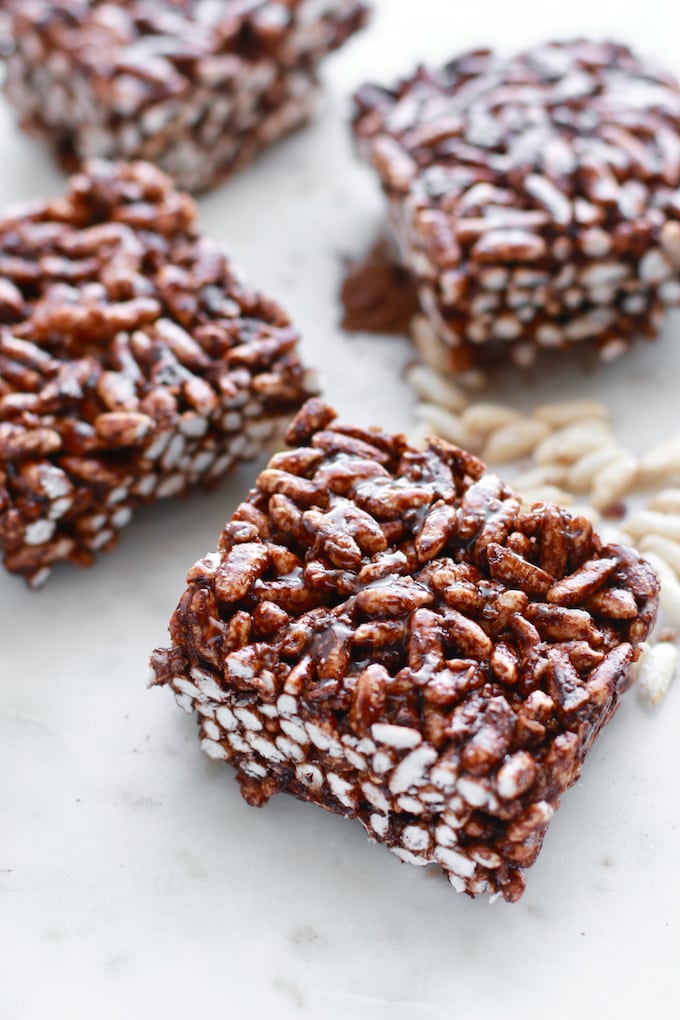 a close up shot of healthy rice krispie treats with cocoa