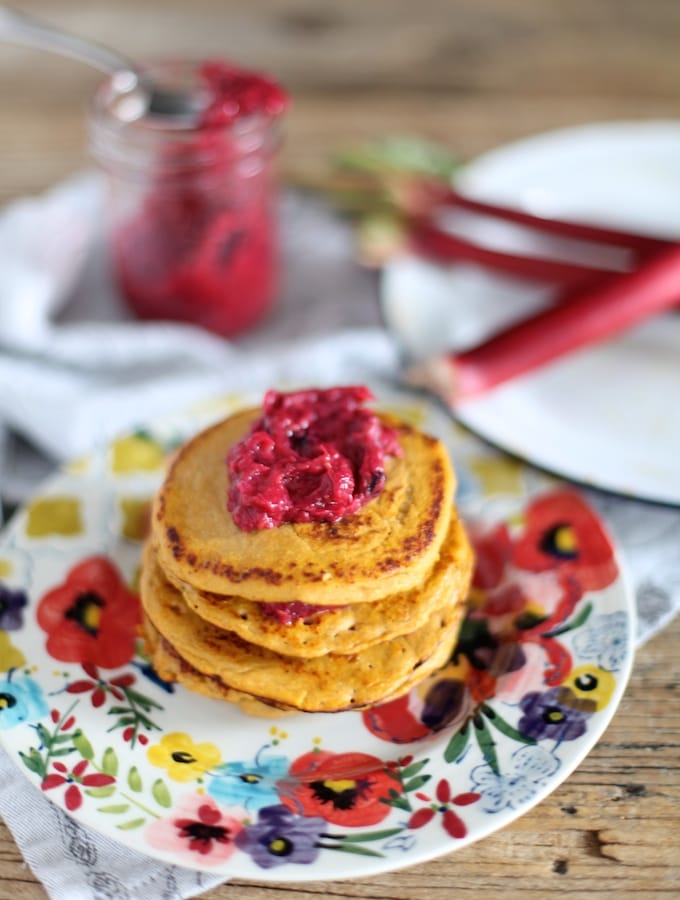 3 Ingredient Sweet Potato Pancakes With Roasted Berry Rhubarb Compote via Nutritionist in the Kitch