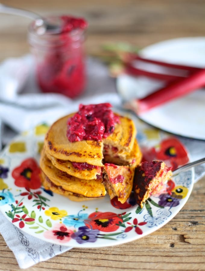 3 Ingredient Sweet Potato Pancakes With Roasted Berry Rhubarb Compote via Nutritionist in the Kitch