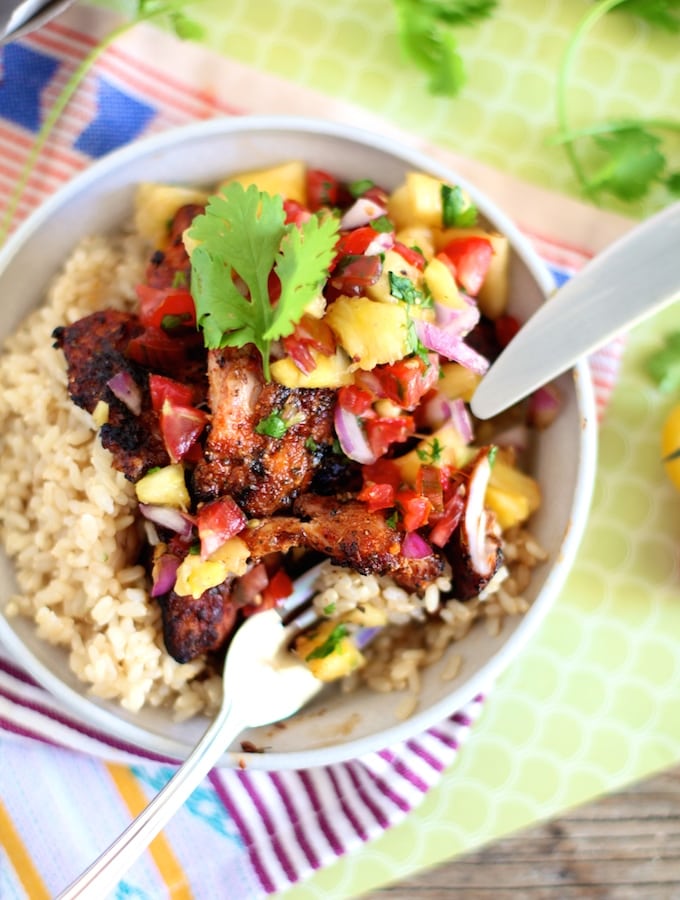 Spice Rubbed BBQ Chicken & Pineapple Salsa Rice Plate