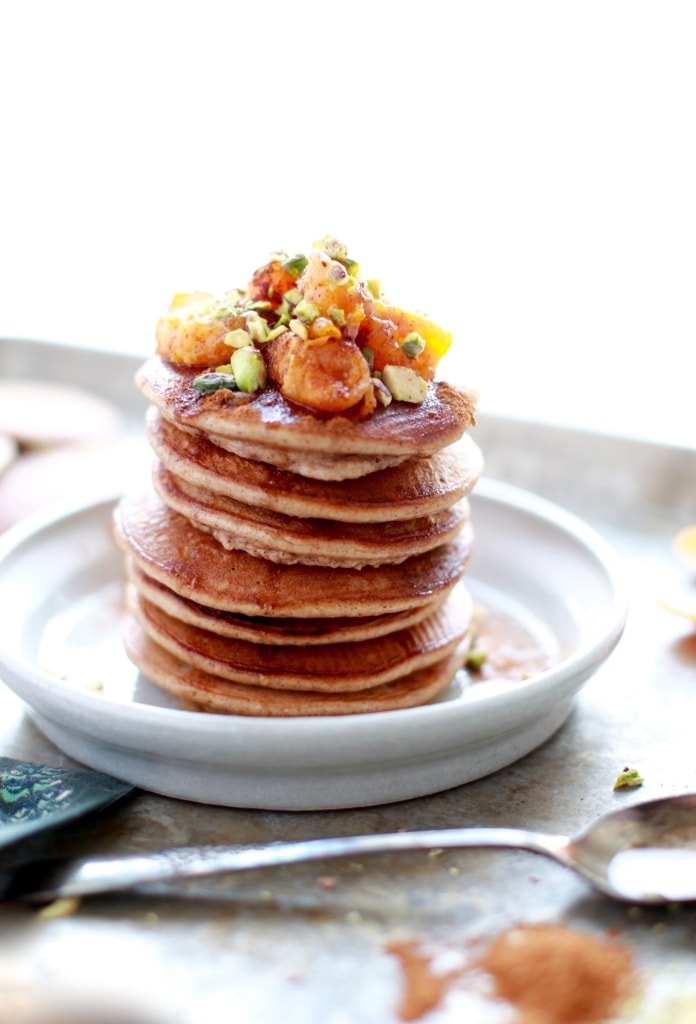 Cinnamon Spiced Paleo Pancakes with Mandarin Orange Compote & Pistachios