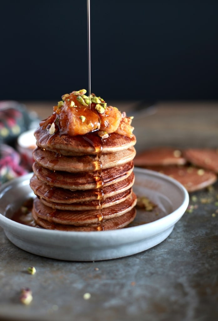 Cinnamon Spiced Paleo Pancakes with Mandarin Orange Compote & Pistachios