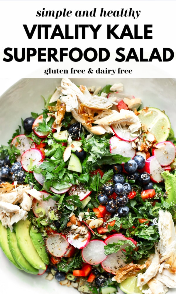 Learn how to make a delicious superfood salad and make this tasty Vitality Kale Superfood Salad that is gluten free, dairy free, and filled with nutritious super foods. Have it plant-based (or vegan) or with added shredded chicken breast and make a big batch to enjoy for a few days in a row for lunch or dinner!