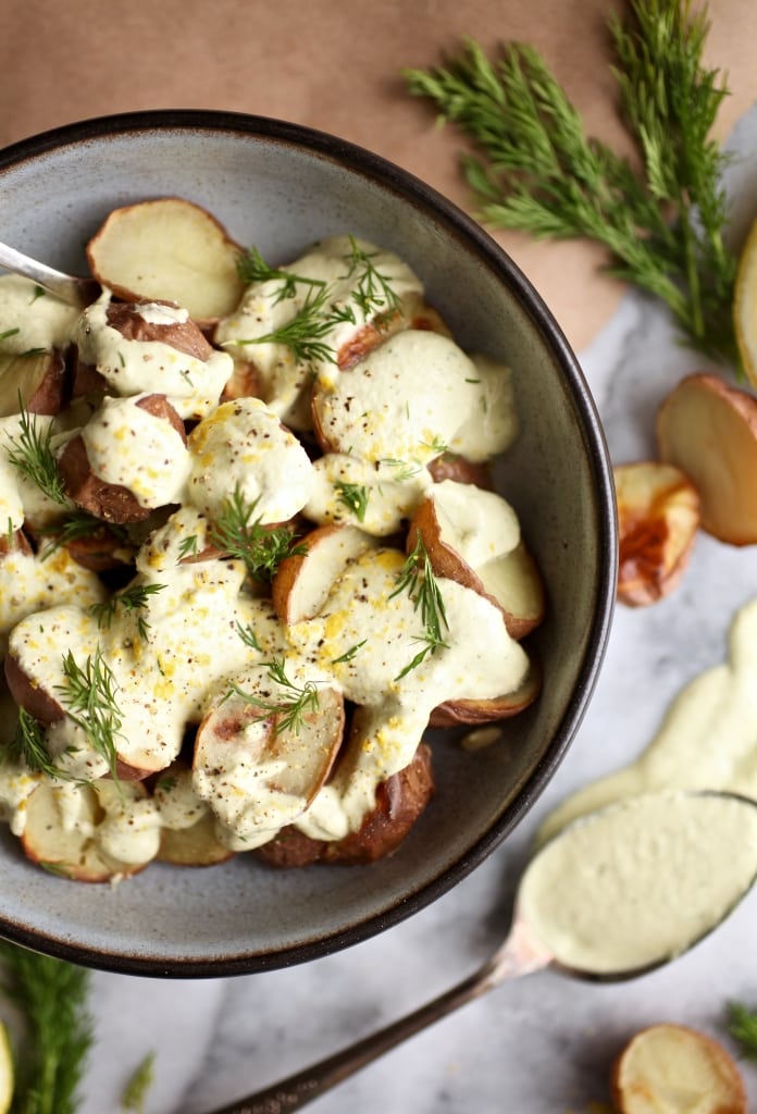 Roasted Potatoes with Creamy Lemon Dill Sauce // Dairy & Gluten Free via Nutritionist in the Kitch