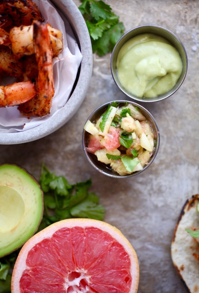 Cajun Shrimp Tacos with Pineapple Grapefruit Salsa & Avocado Crema (Dairy & Gluten Free) via Nutritionist in the Kitch