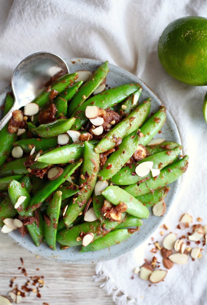 Sweet & Salty Almond Butter Snap Peas via Nutritionist in the Kitch