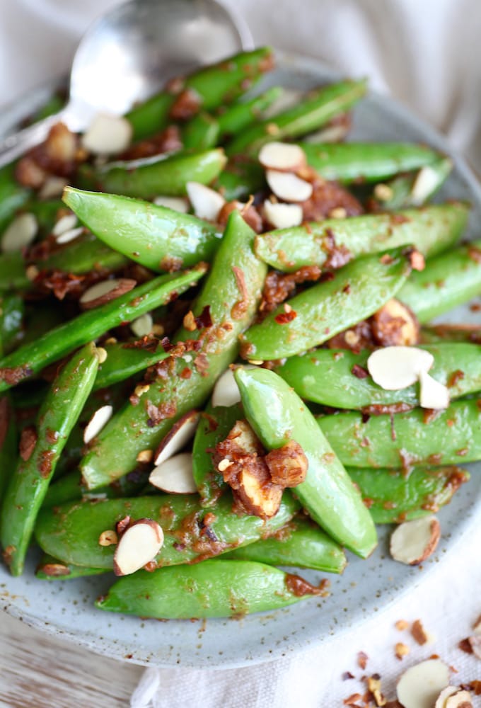 Sweet & Salty Almond Butter Snap Peas via Nutritionist in the Kitch