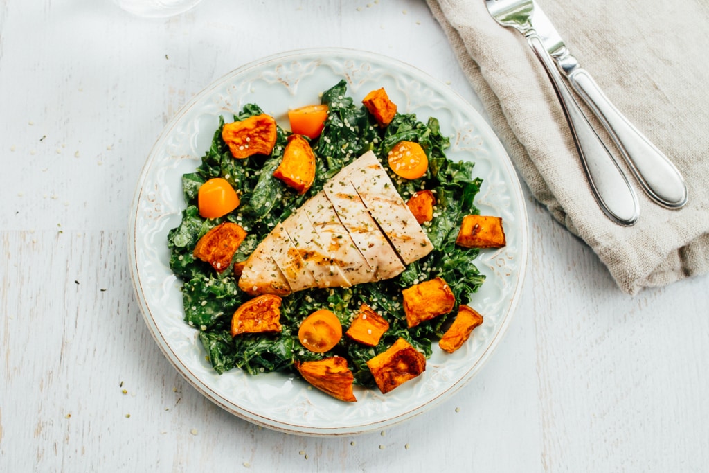 Loaded Kale Salad with Sweet Potatoes & Chicken by Eating Bird Food