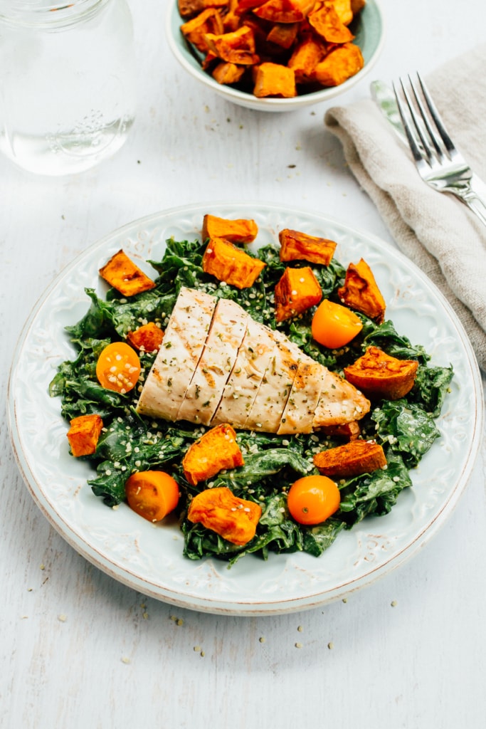 Loaded Kale Salad with Sweet Potatoes & Chicken by Eating Bird Food