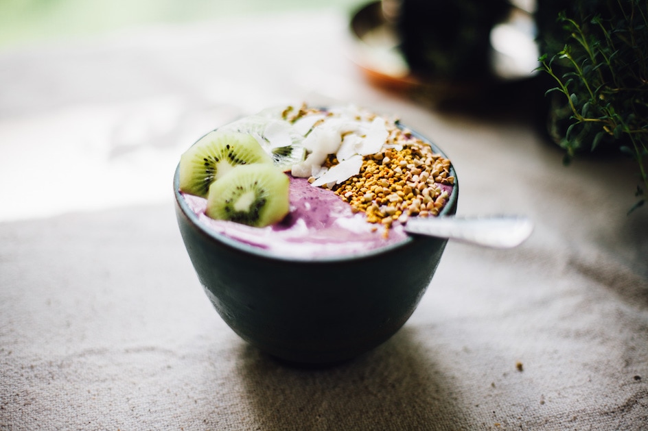 Blackberry Banana Smoothie Bowl with Maca and Almond Butter // Will Frolic For Food