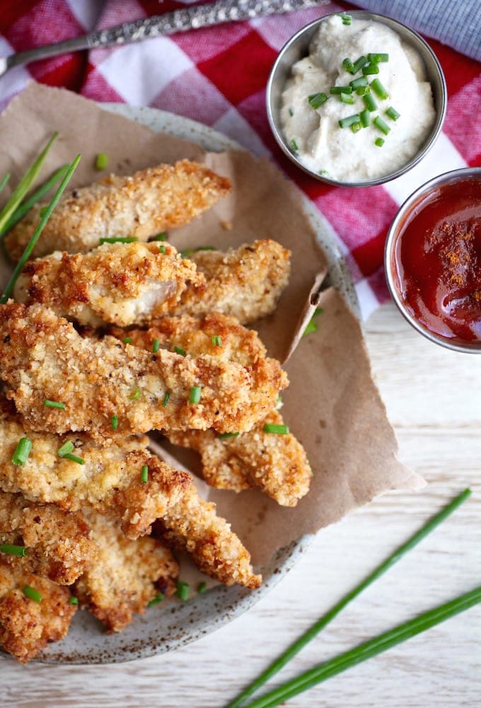 Baked Chicken Strips with Spicy Ketchup & Chive and Onion Dip // Me+My Digest Results via Nutritionist in the Kitch