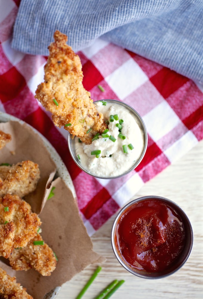 Baked Chicken Strips with Spicy Ketchup & Chive and Onion Dip // Me+My Digest Results via Nutritionist in the Kitch