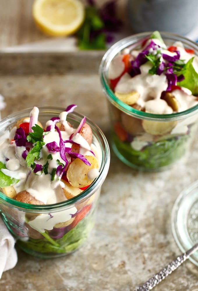Veggie-Loaded Summer Potato Salad Jars via Nutritionist in the Kitch