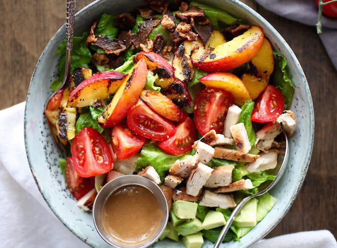 Grilled Nectarine & Chicken BLT Salad with Creamy Balsamic Dressing via Nutritionist in the Kitch