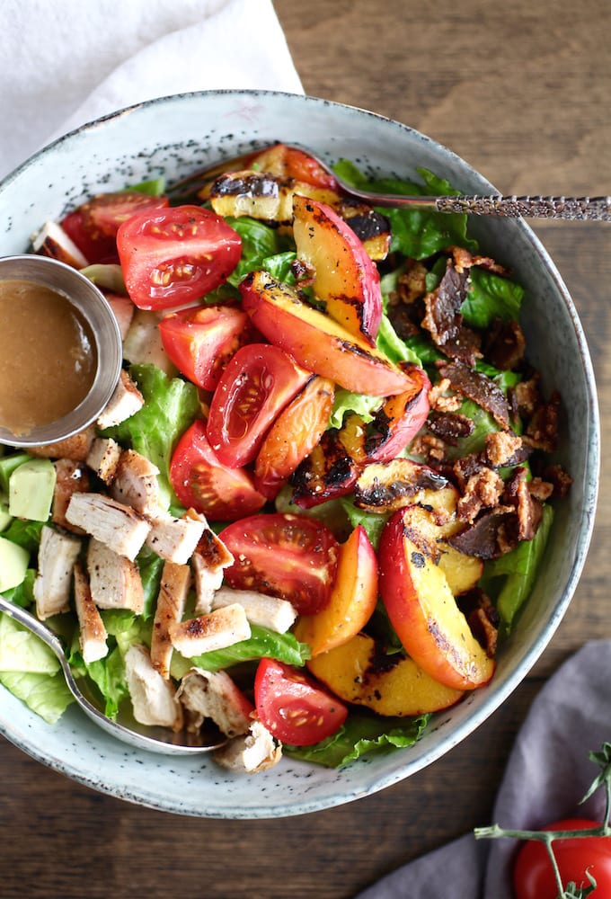 Grilled Nectarine & Chicken BLT Salad with Creamy Balsamic Dressing via Nutritionist in the Kitch