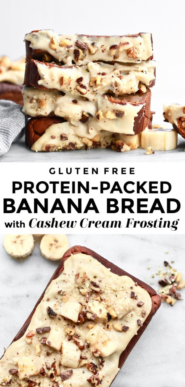 Try this healthy and delicious high protein banana bread recipes that’s gluten free, dairy free, and made with protein powder, yogurt (Greek or coconut) and cashew cream frosting!