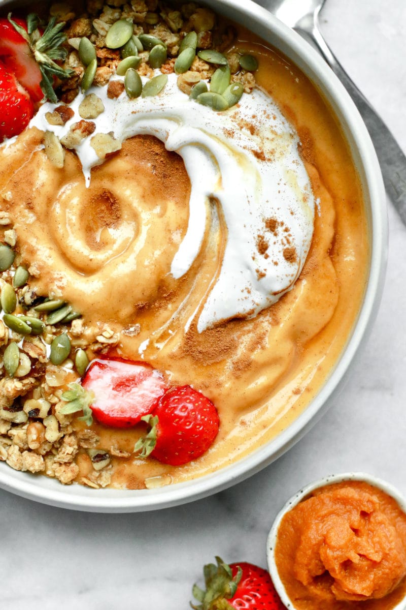 Healthy Vegan Pumpkin Pie Protein Smoothie in a Bowl with all the toppings!