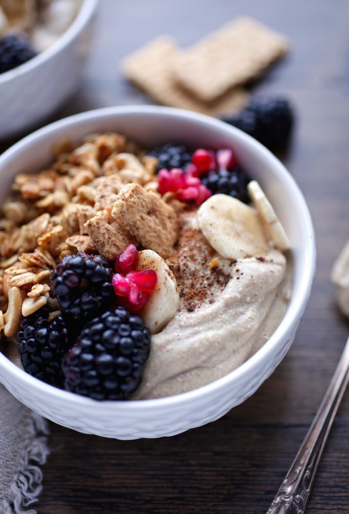 Gingerbread Pudding Granola Breakfast Bowl (Vegan) via Nutritionist in the Kitch
