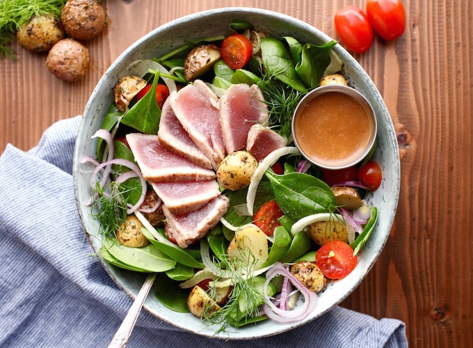 Ahi Tuna Winter Salad with Creamy Balsamic Dressing (DF, GF) via Nutritionist in the Kitch