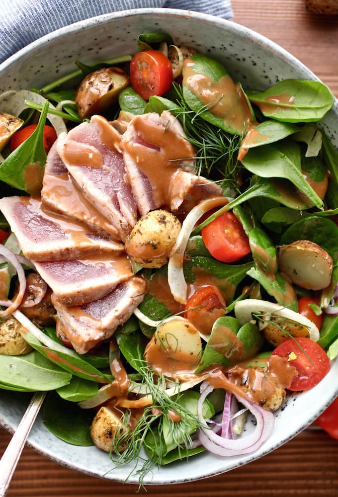 Ahi Tuna Winter Salad with Creamy Balsamic Dressing (DF, GF) via Nutritionist in the Kitch