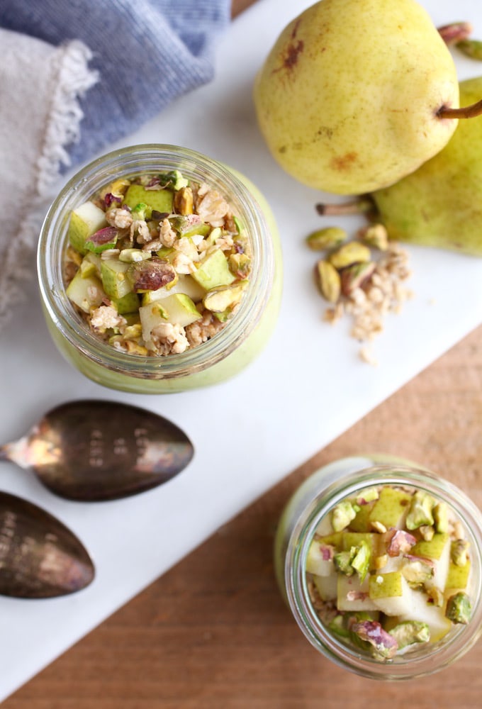 Pear Chia Pistachio Breakfast Parfait Jars via Nutritionist in the Kitch