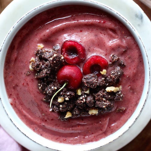 Summer Cherry Smoothie Bowl with Raw Brownie Bits via Nutrition in the Kitch
