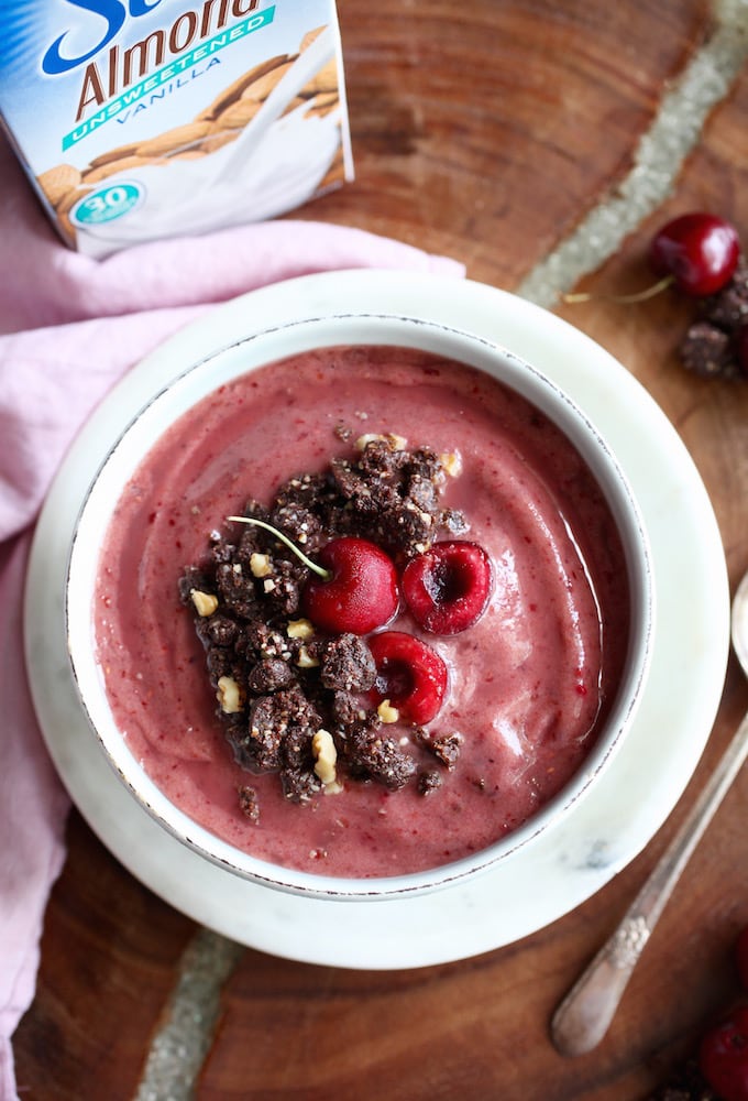 Summer Cherry Smoothie Bowl with Raw Brownie Bits via Nutrition in the Kitch