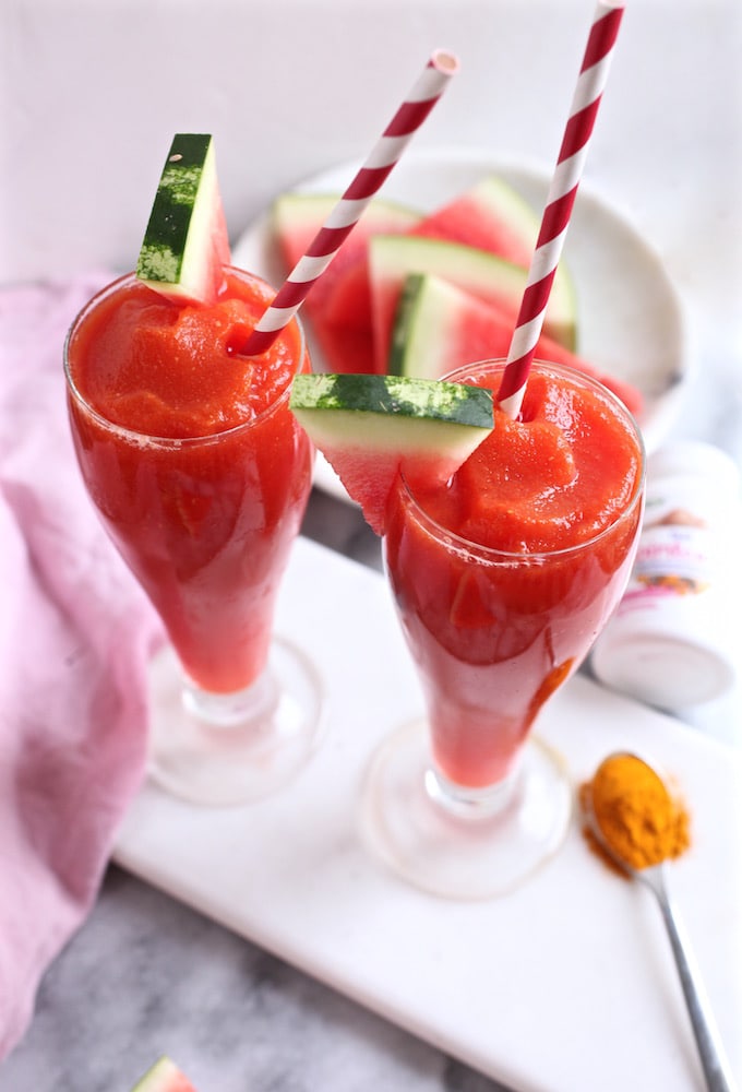 Watermelon Turmeric Lemonade Slushies via Nutrition in the Kitch
