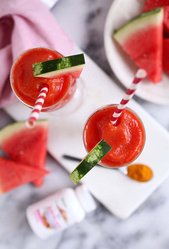 Watermelon Turmeric Lemonade Slushies via Nutrition in the Kitch