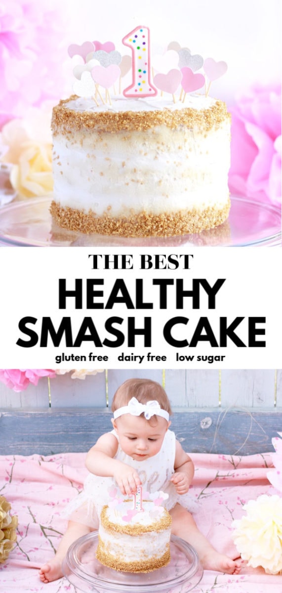 This delicious and healthy smash cake recipe is great for a baby first birthday. The homemade cake works for a boy or girl depending on your final decorating and is super easy to whip up. It’s made with banana, carrot, vanilla, coconut, and is low sugar, dairy free, and gluten free too!