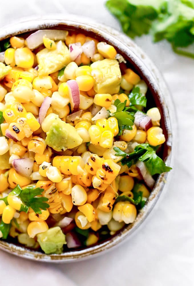 grilled corn salad with avocado, cilantro, and lime