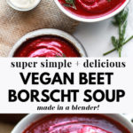 creamy vegan beet borscht soup in a bowl with dill