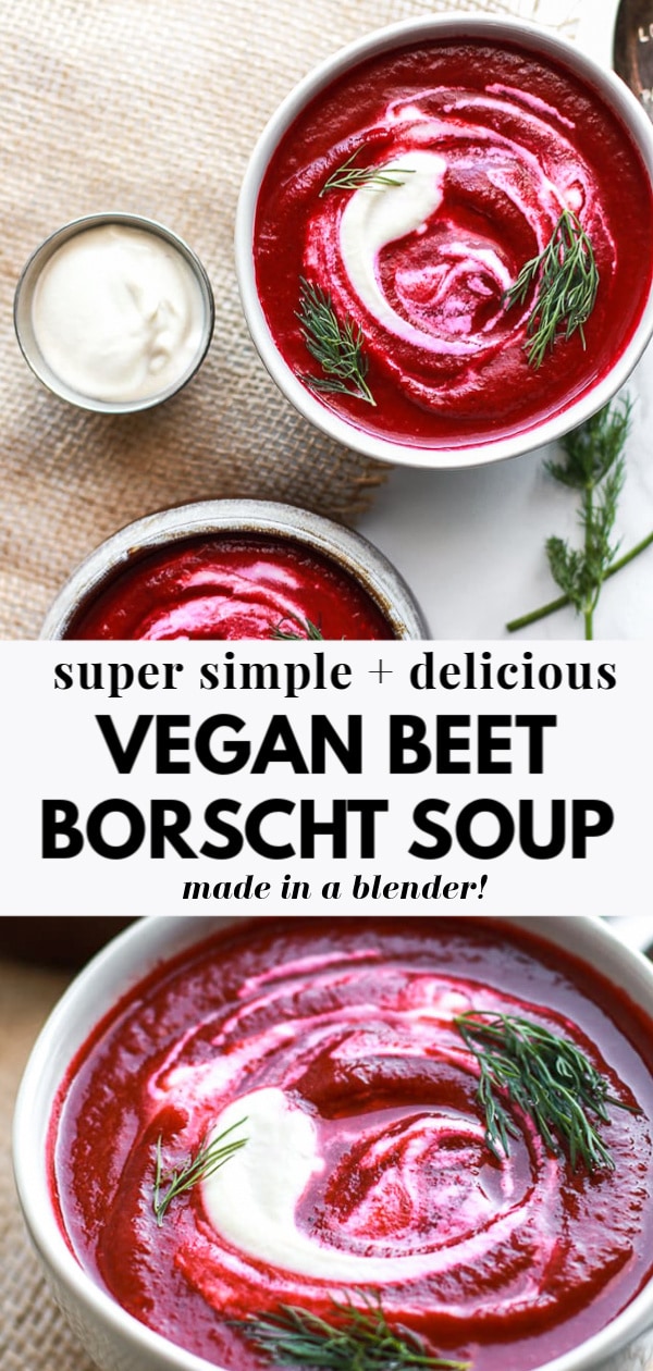 creamy vegan beet borscht soup in a bowl with dill 