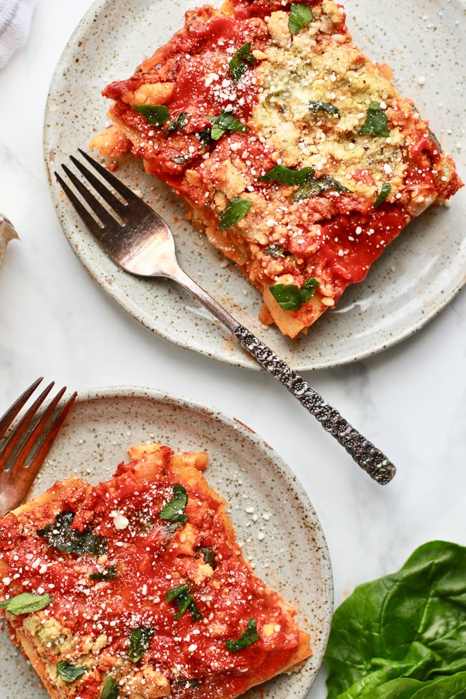 This delicious and easy lasagna recipe is made healthy with plant-based veggie ground and a simple cashew spinach ricotta! It's vegan and vegetarian but has a classic lasagna taste, sure to please any lasagna lover!